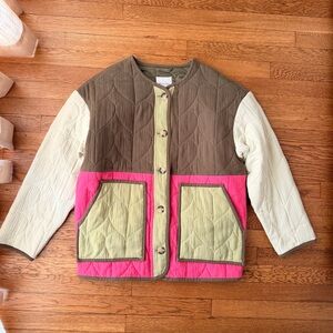 Avec Les Filles Brown, Cream, Pink & Green Quilted Colorblock Jacket